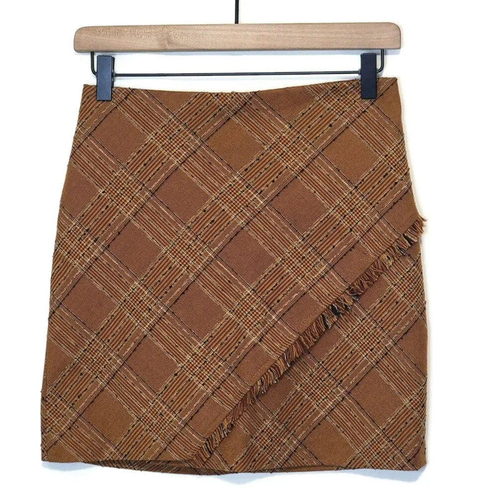 Free People Plaid Tweed Brown Mini Skirt Fringe Boho Preppy Fall Size 0